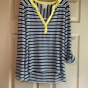 Ella Moss V-Neck Hi-Low Navy and White Striped Top‎ with Yellow Trim, Size XS